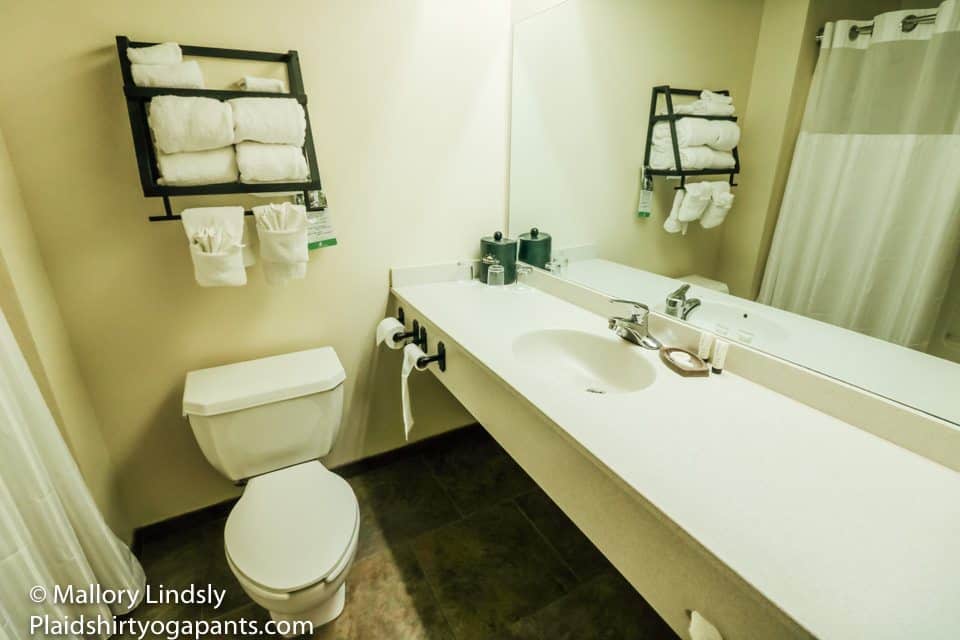 Shot of the bathroom in Wuksachi Lodge with towels and toiletries