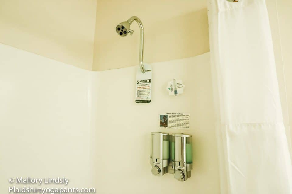 The shower head, shampoo and body wash available in Wuksachi Lodge.