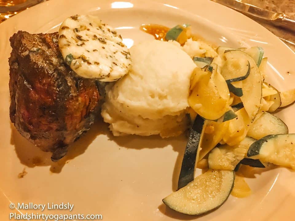 Steak, butter, potatoes and squash at Wuksachi Lodge Peaks Restaurant 