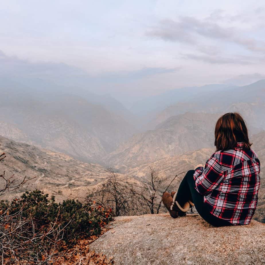 Mallory, Plaid Shirt Yoga Pants, enjoying a mountain scenery in Sequoia National Park