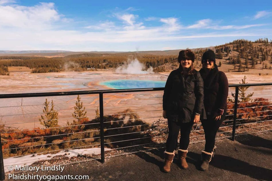Mallory and Allison standing on a landing to see Grand Prismatic.