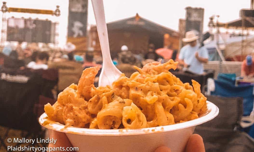 Crawfish Monica in front of a stage at jazz fest.
