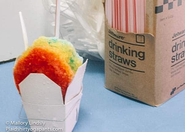 Rainbow Snowball with straws and spoons.