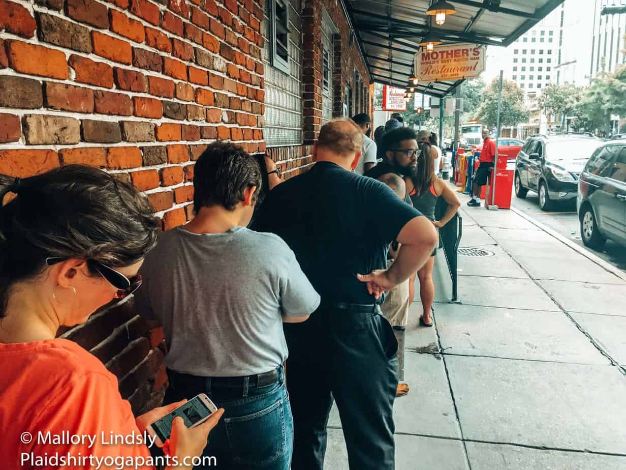 Waiting in line at Mothers New Orleans Restaurant.