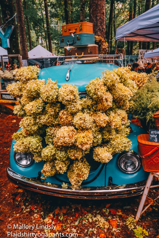 vintage VW beetle with flowers and a suitcase at the atlanta country living fair