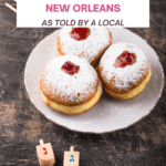 three donuts and three dreidels that say Where to find Sufganiyot in New Orleans