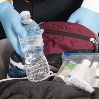 a person pulling out a waterbottle from a suitcase